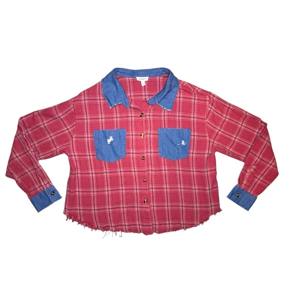 Dance & Marvel Red Plaid and Denim Raw Edge Flannel Women’s Size Medium